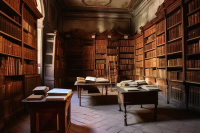 Antique Library Interior With Wooden Shelves And Tables
