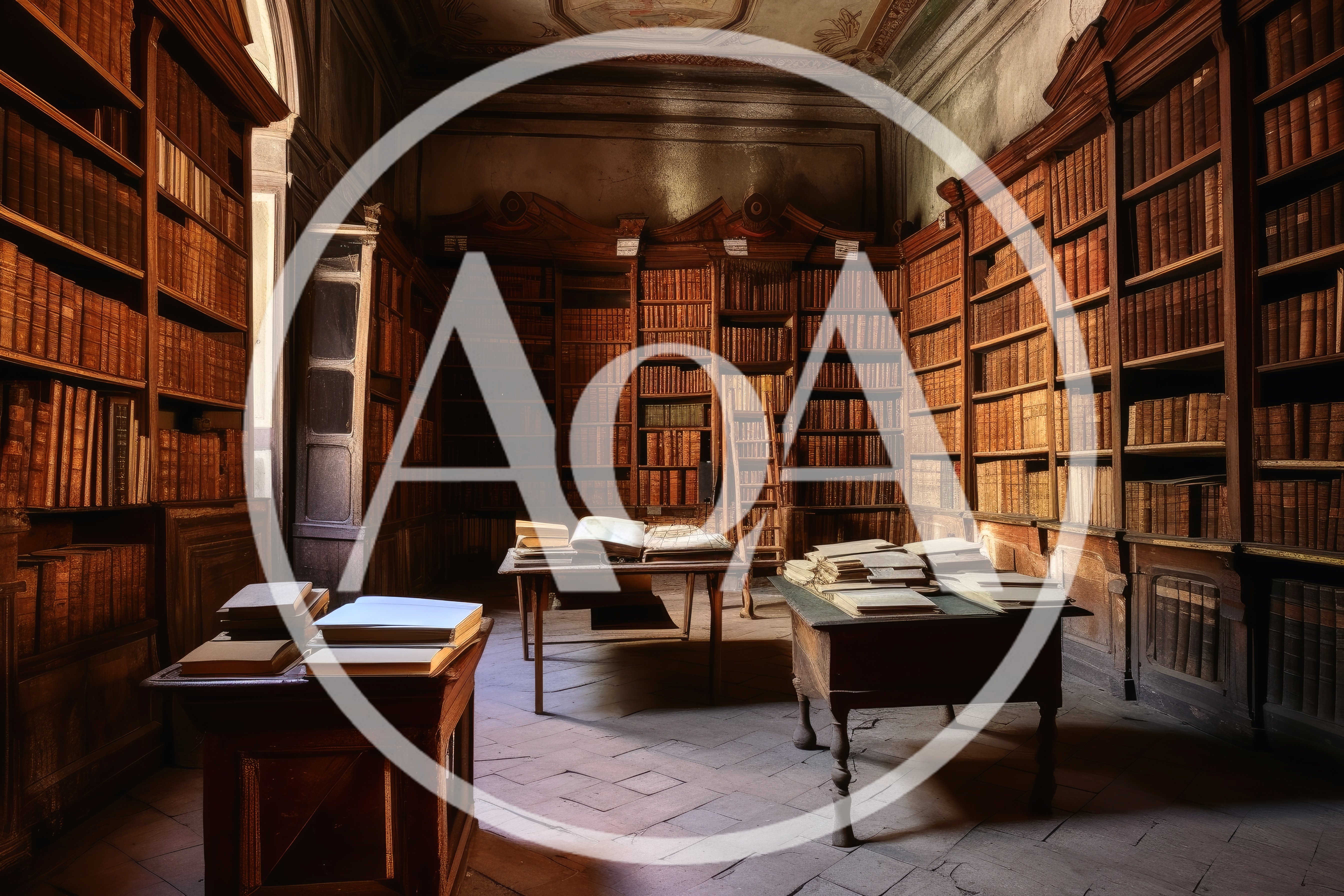 Antique Library Interior With Wooden Shelves And Tables