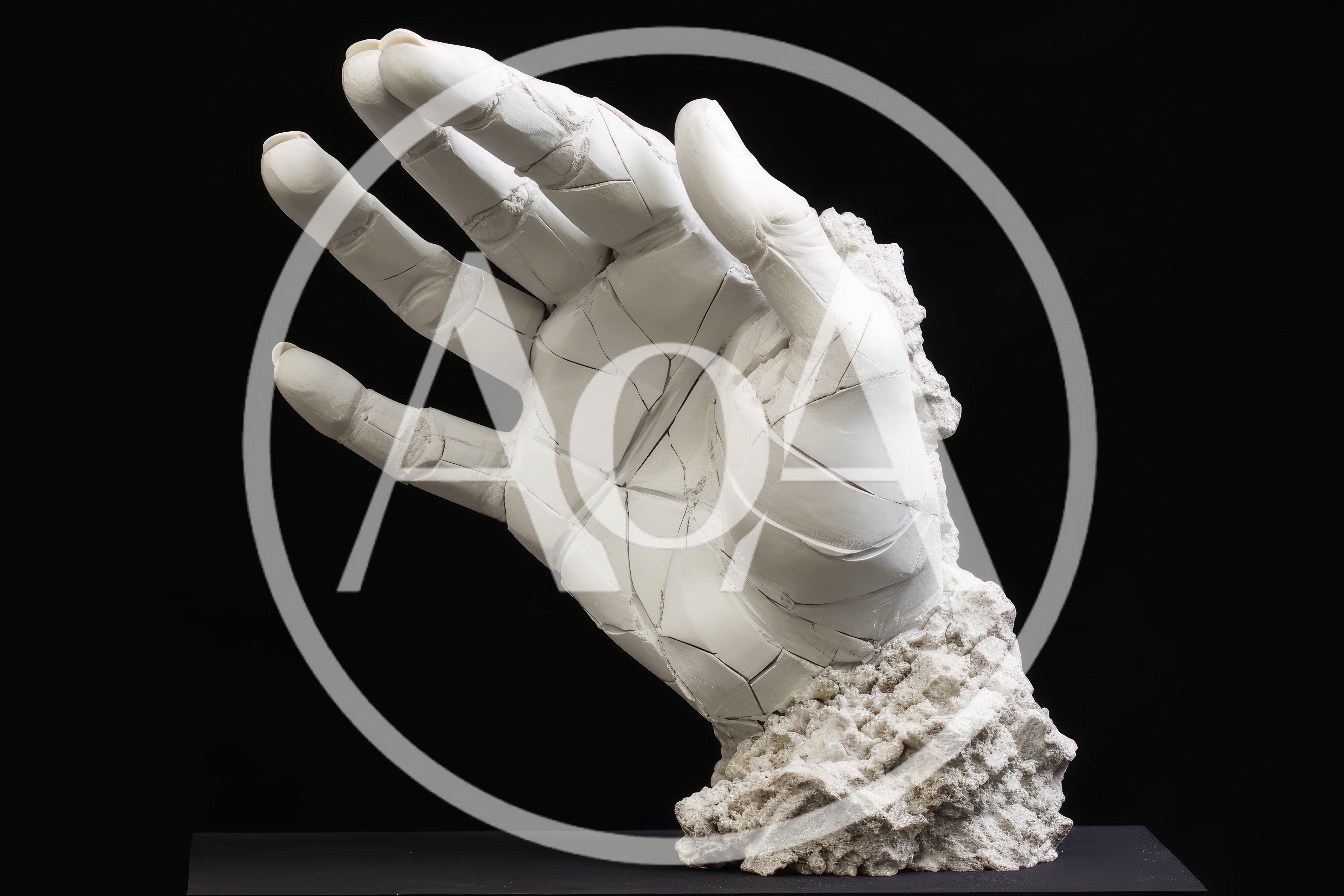 Fragmented White Marble Hand Sculpture On Black Background