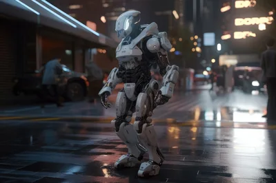 Futuristic White Android Robot Standing On City Street