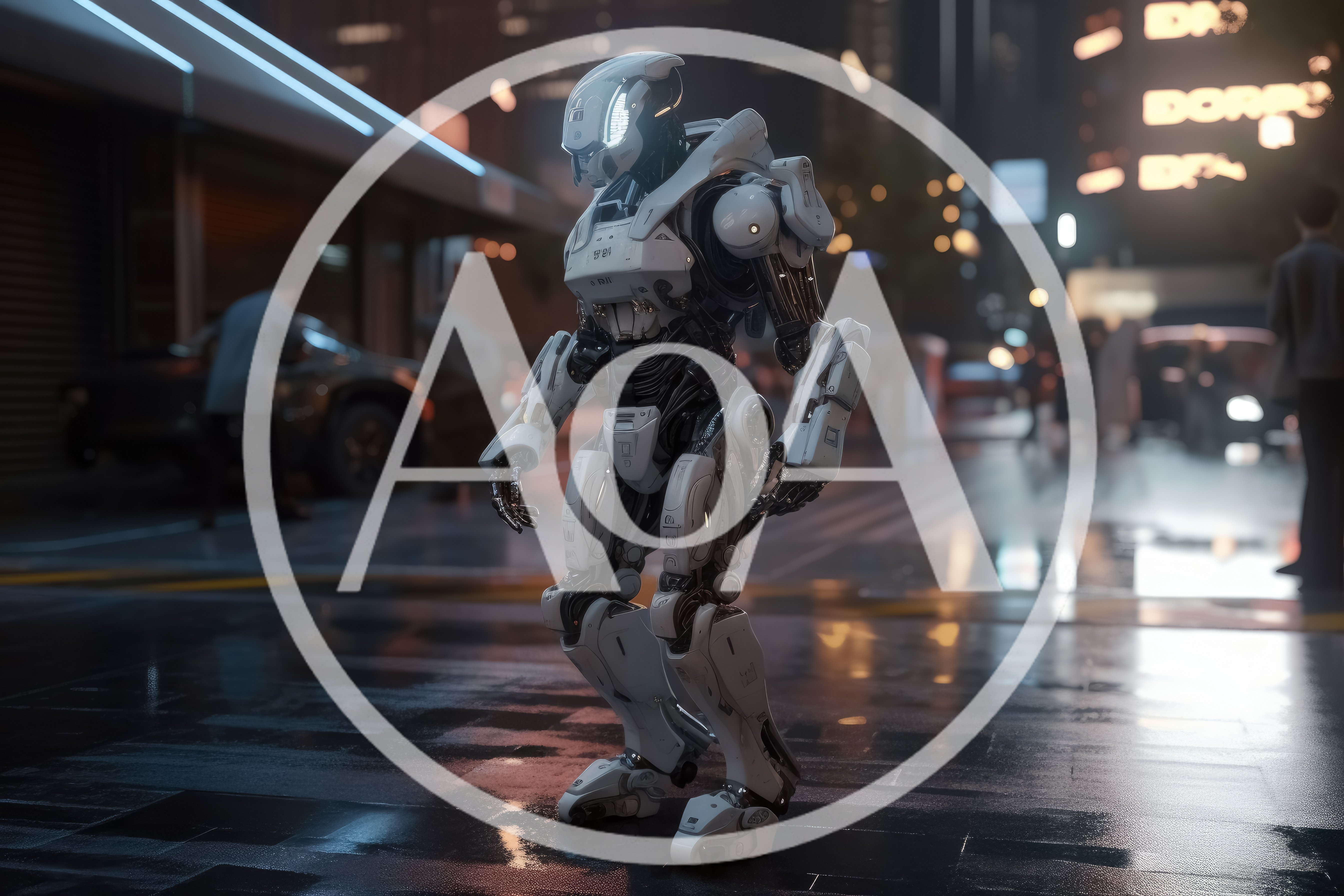 Futuristic White Android Robot Standing On City Street