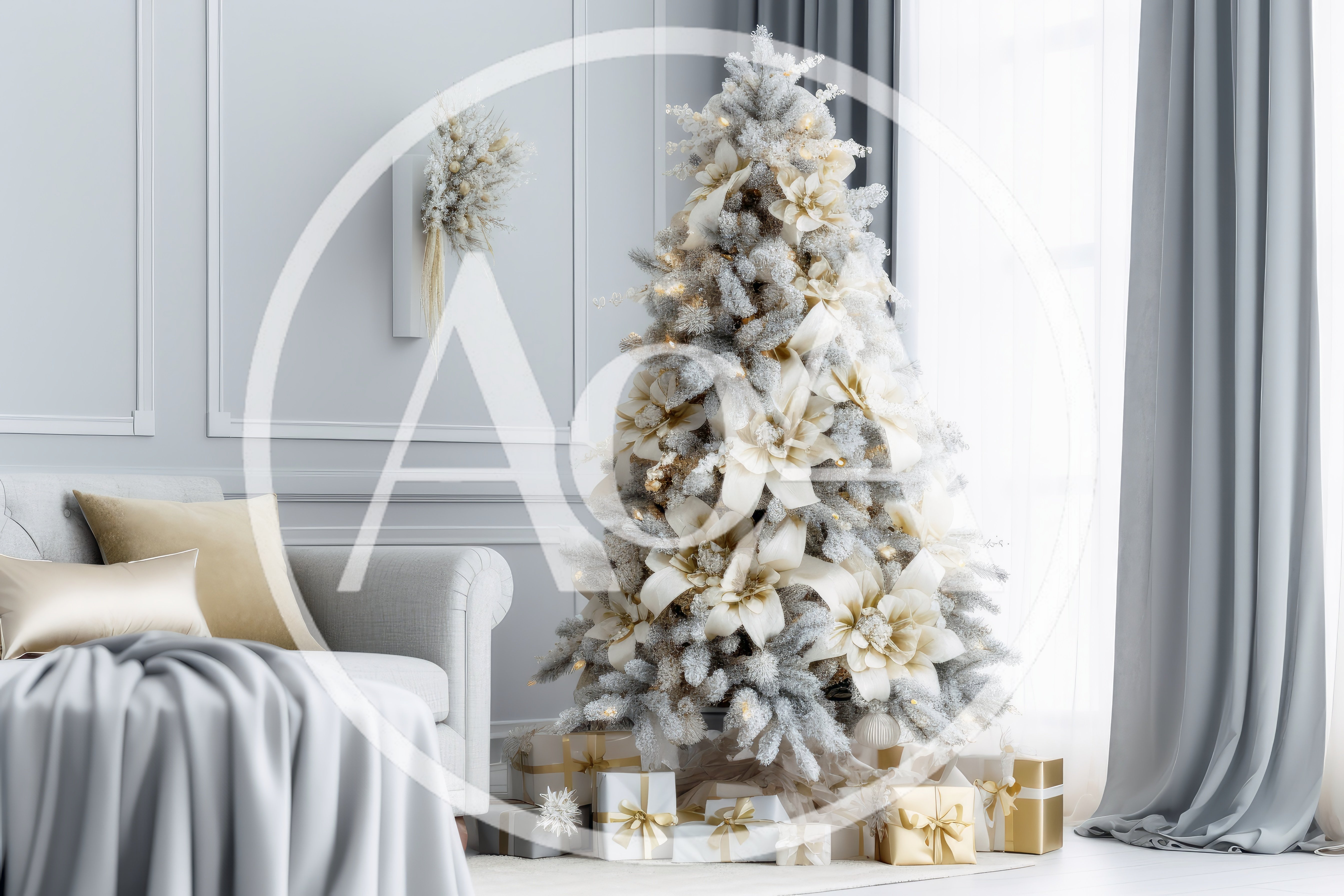 Elegant Christmas Tree Decorated With Gold Flowers And Lights