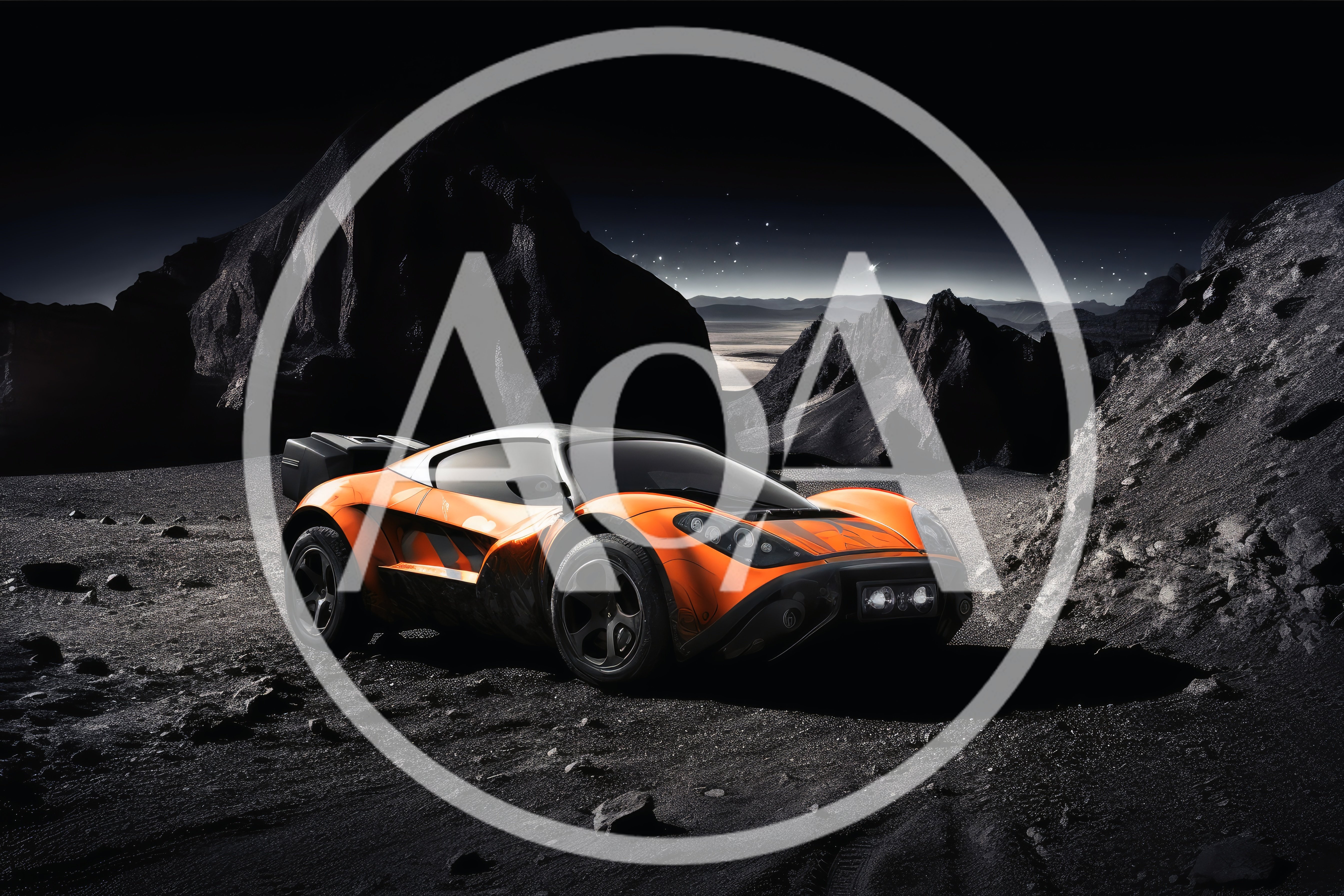 Futuristic Orange Sports Car On Alien Lunar Landscape