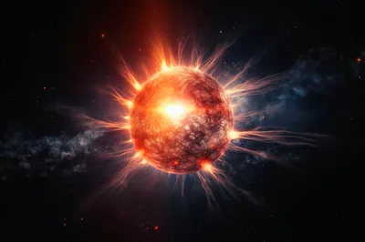 Glowing Red Star Emitting Solar Flares In Deep Space
