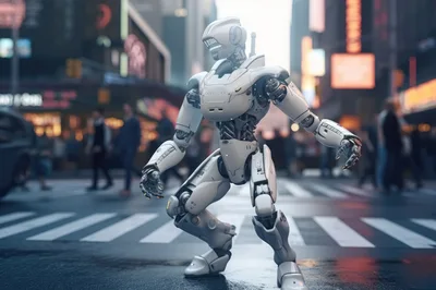 Futuristic White Robot Standing In Busy City Intersection