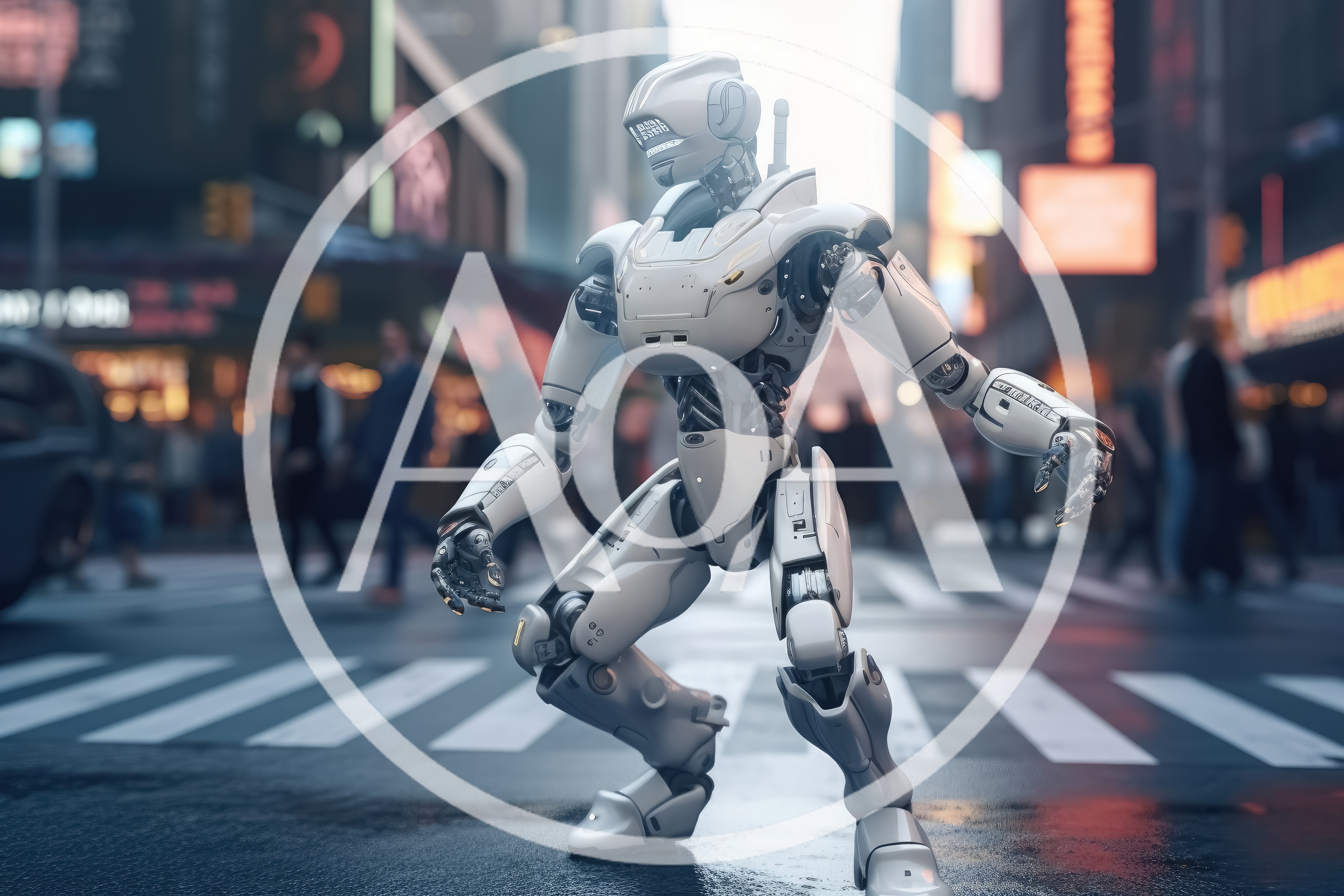 Futuristic White Robot Standing In Busy City Intersection
