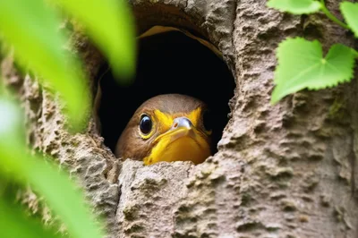 Small Bird Peeking Out From A Tree Hollow