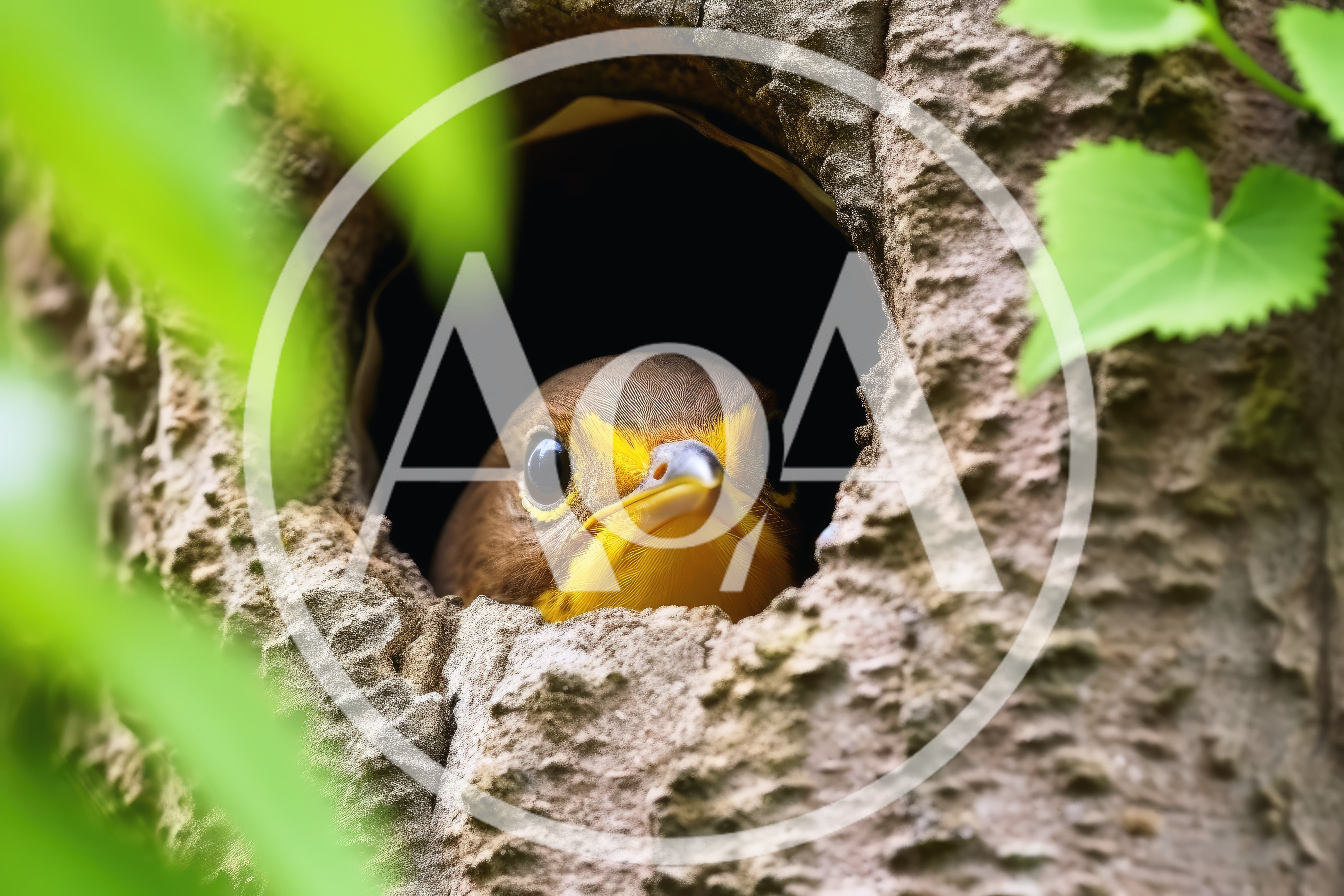 Small Bird Peeking Out From A Tree Hollow