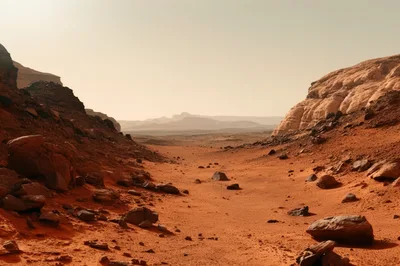 Martian Landscape With Rocky Canyon And Distant Mountains