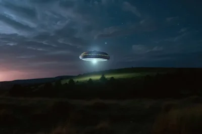 UFO Hovering Over A Dark Rural Landscape At Night