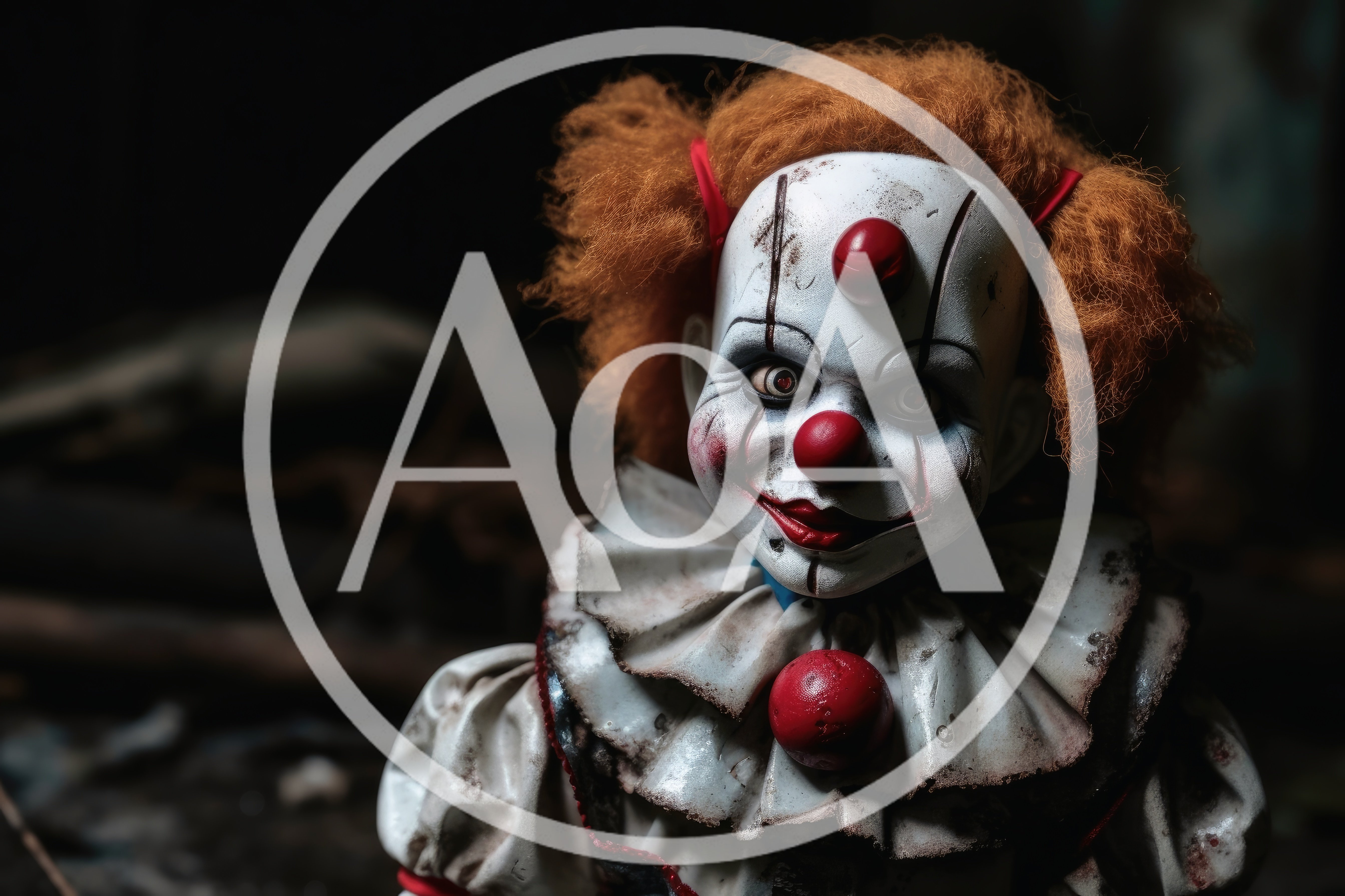 Creepy Pennywise Style Clown Doll In Dark Setting