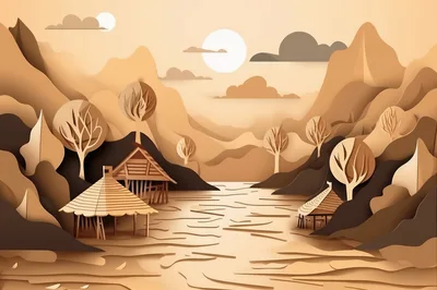 Paper Cutout Landscape With Traditional Huts And Mountains