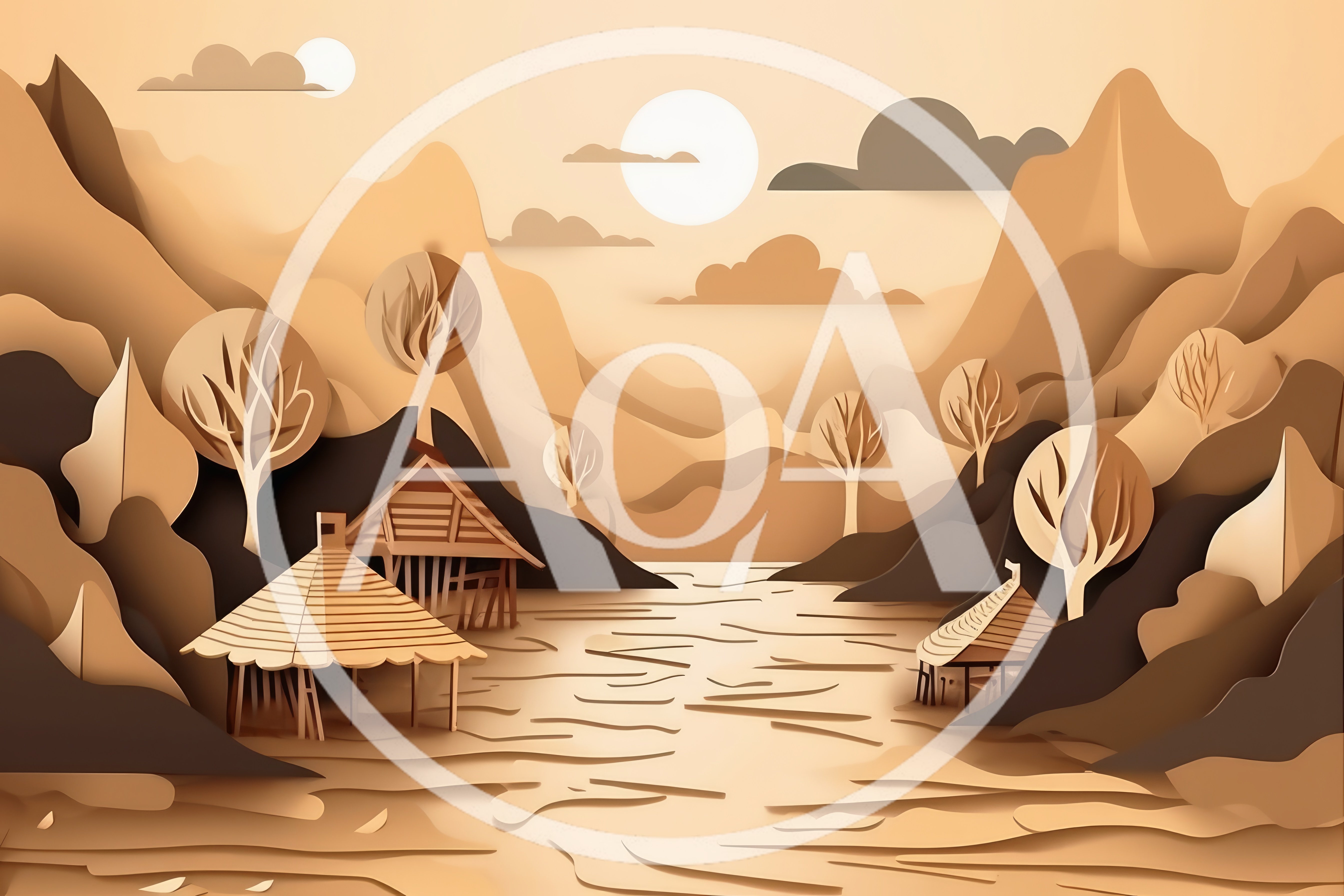 Paper Cutout Landscape With Traditional Huts And Mountains