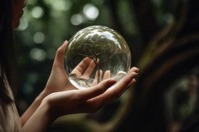 Person Holding A Glass Sphere Containing A Miniature Tree