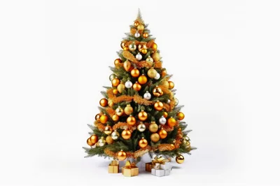 Decorated Christmas Tree With Gold Ornaments And Gifts
