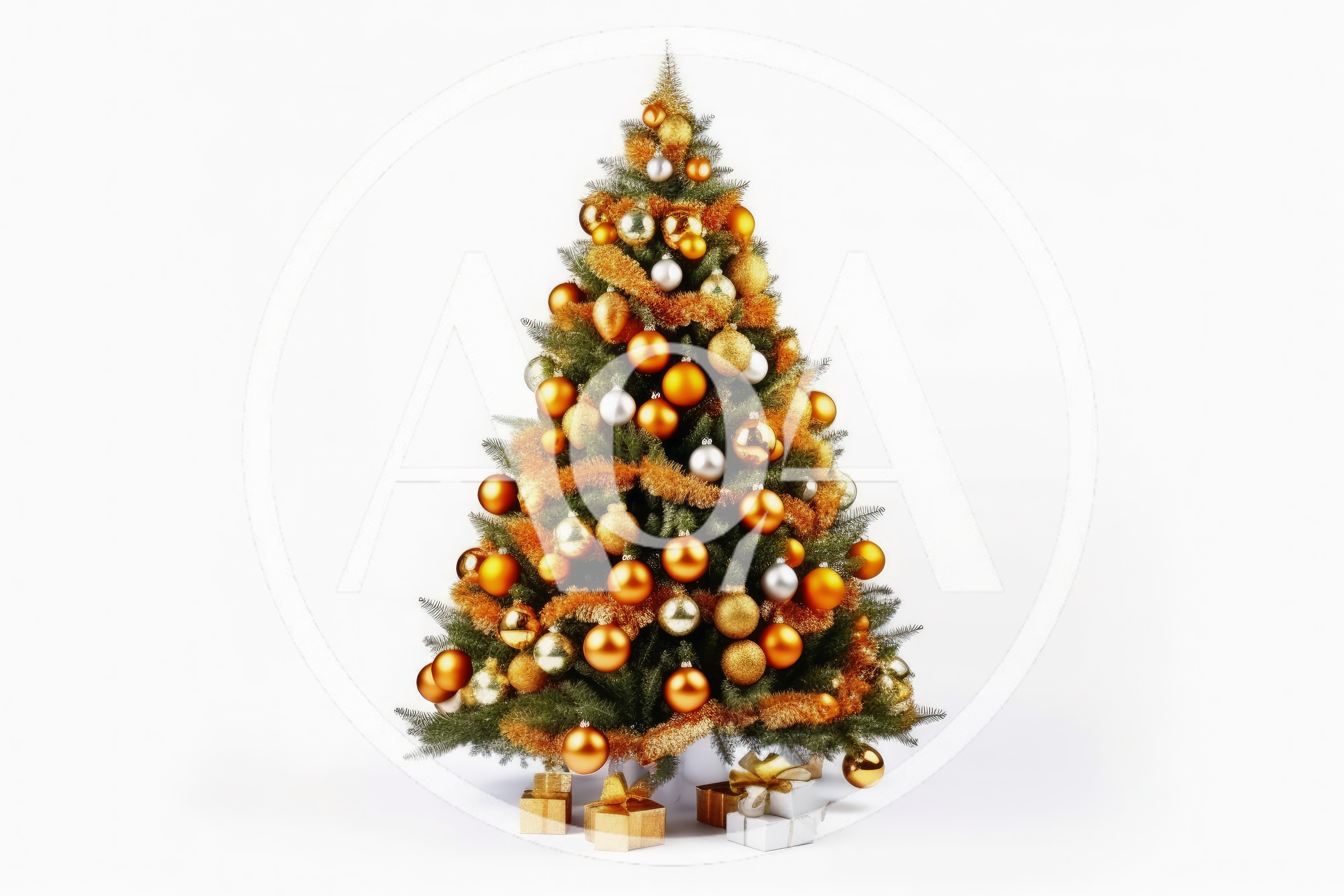 Decorated Christmas Tree With Gold Ornaments And Gifts