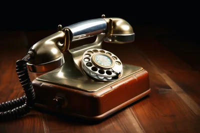 Vintage Brass Rotary Telephone on Wooden Desk