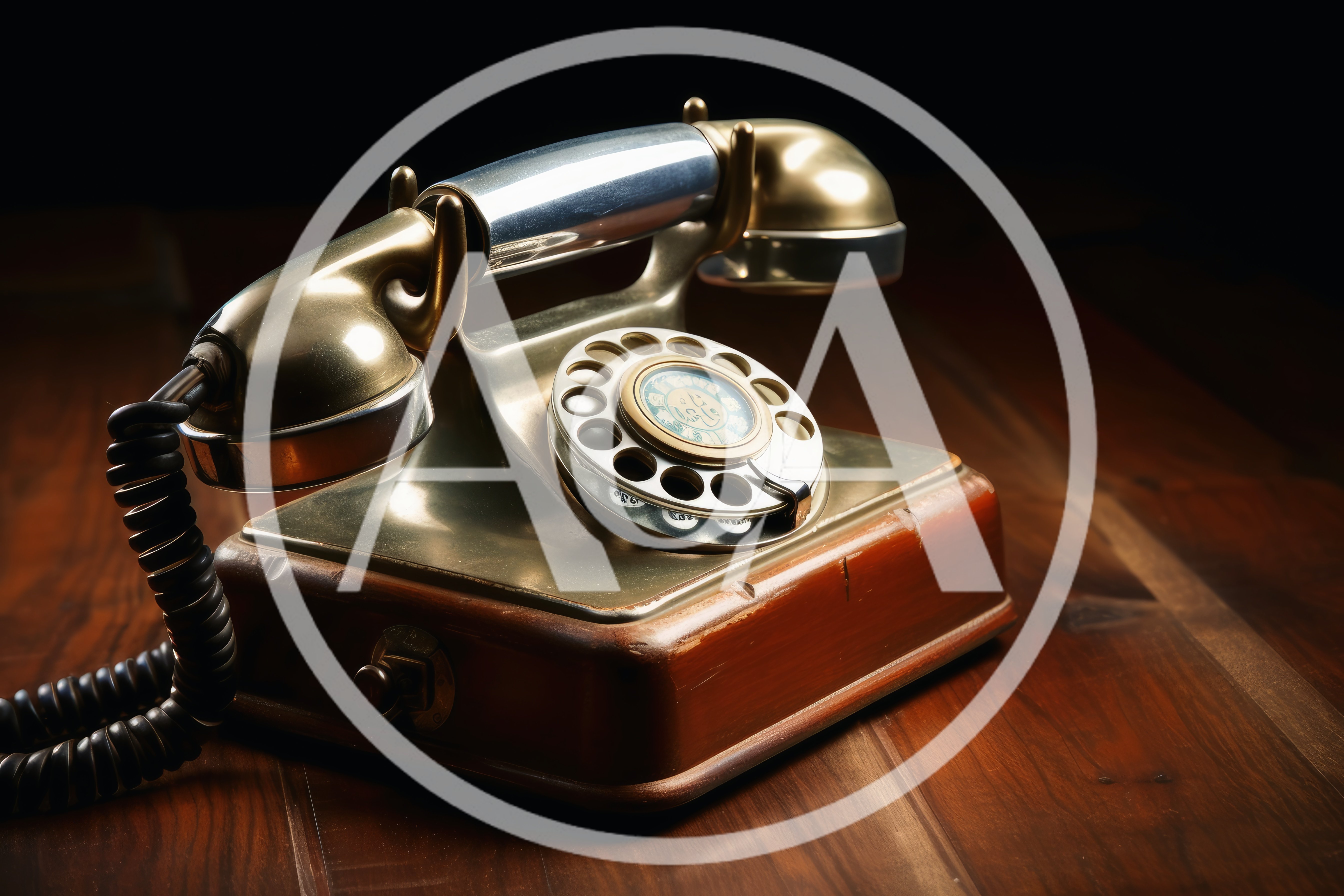 Vintage Brass Rotary Telephone on Wooden Desk