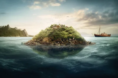 Small Lush Island With Buildings Floating In The Ocean