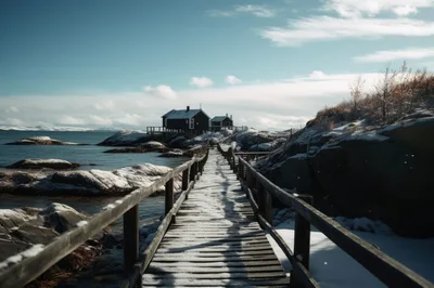 Wooden Footbridge Leading To Snowy Coastal Cabins