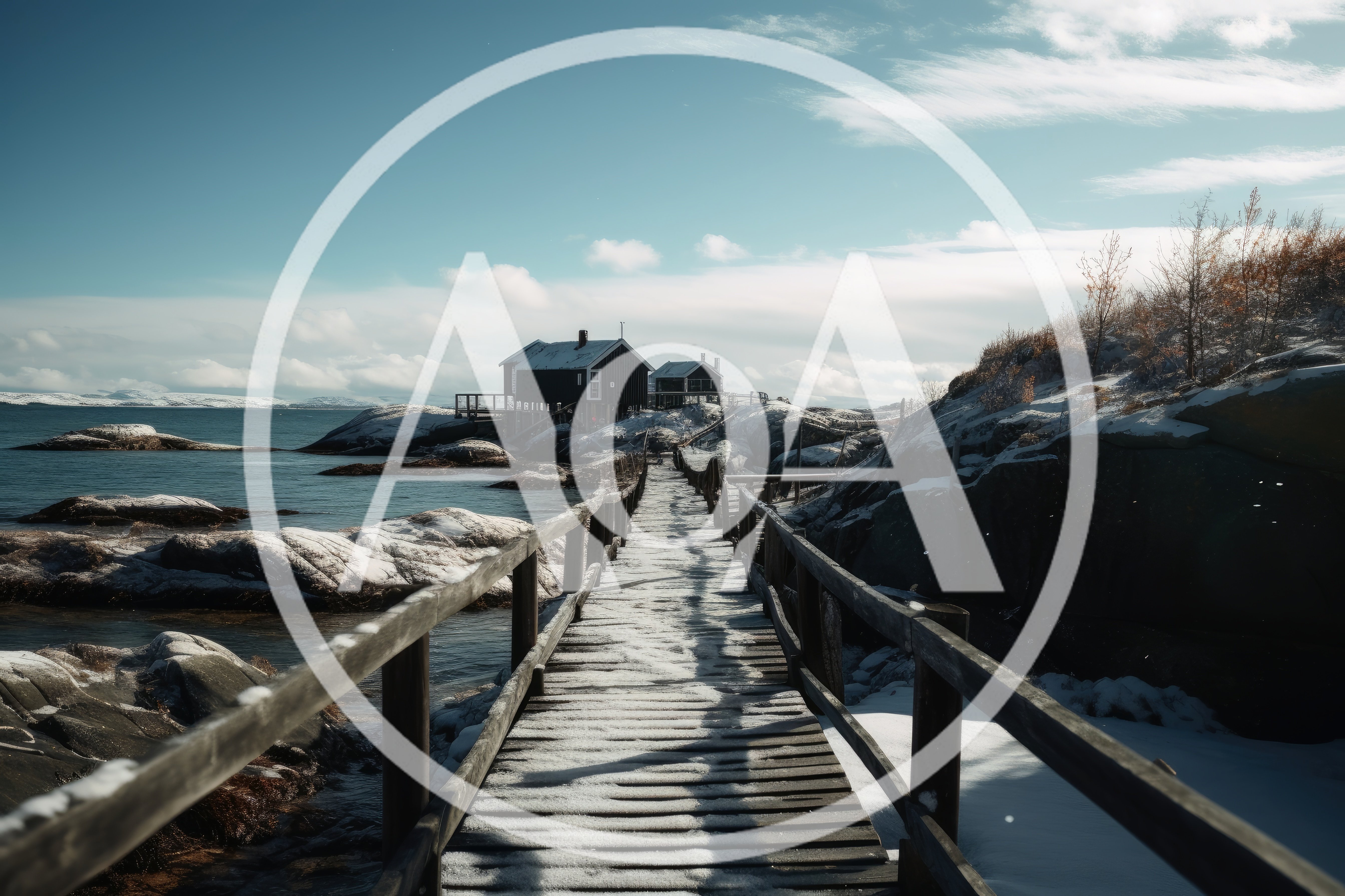 Wooden Footbridge Leading To Snowy Coastal Cabins