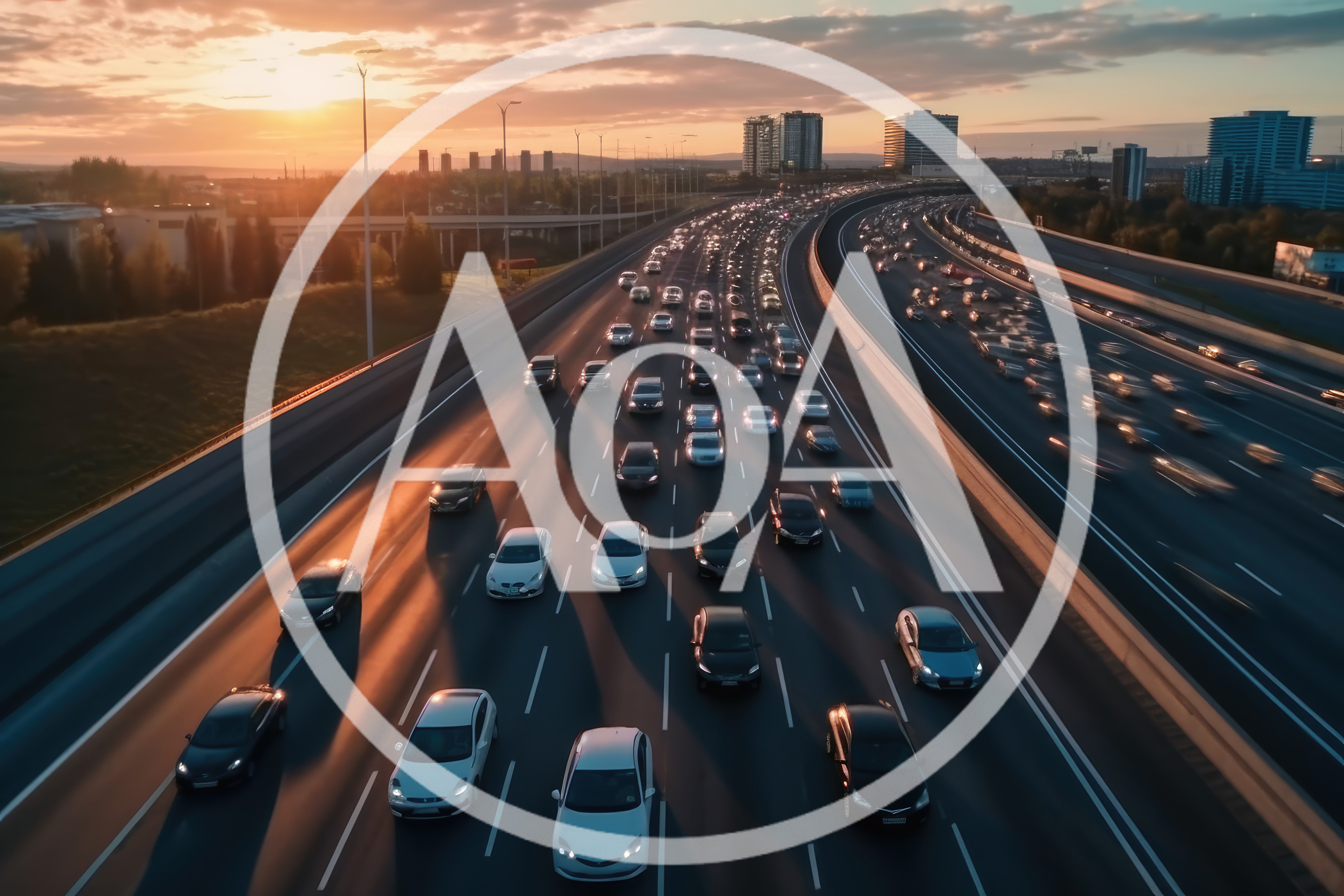 Aerial View Of Heavy Traffic On A Highway At Sunset