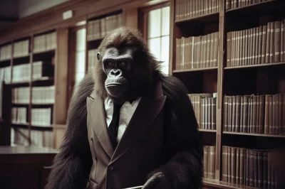 Anthropomorphic Gorilla Wearing A Suit In A Library