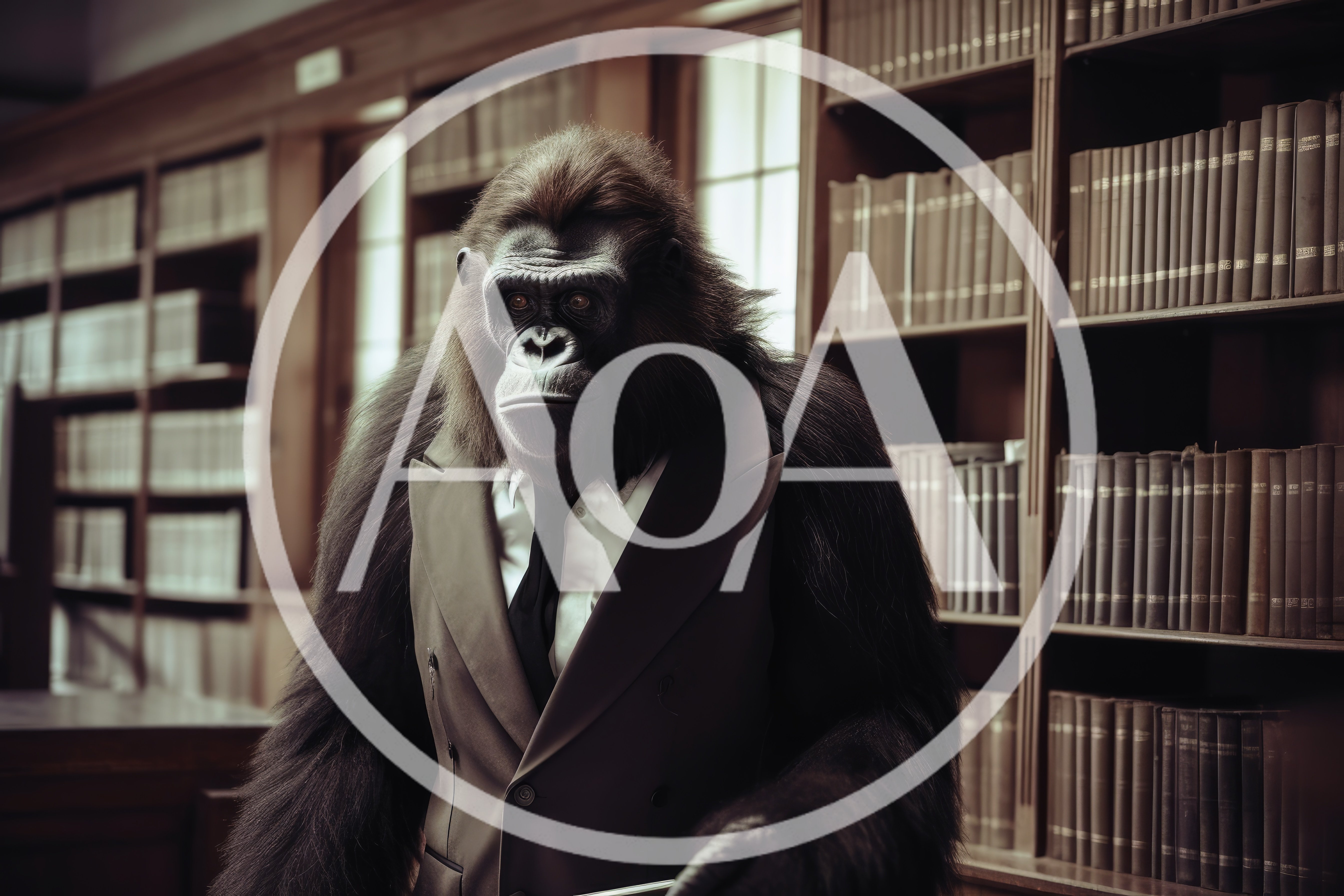 Anthropomorphic Gorilla Wearing A Suit In A Library