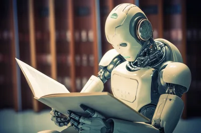 Humanoid Robot Reading A Book In A Library