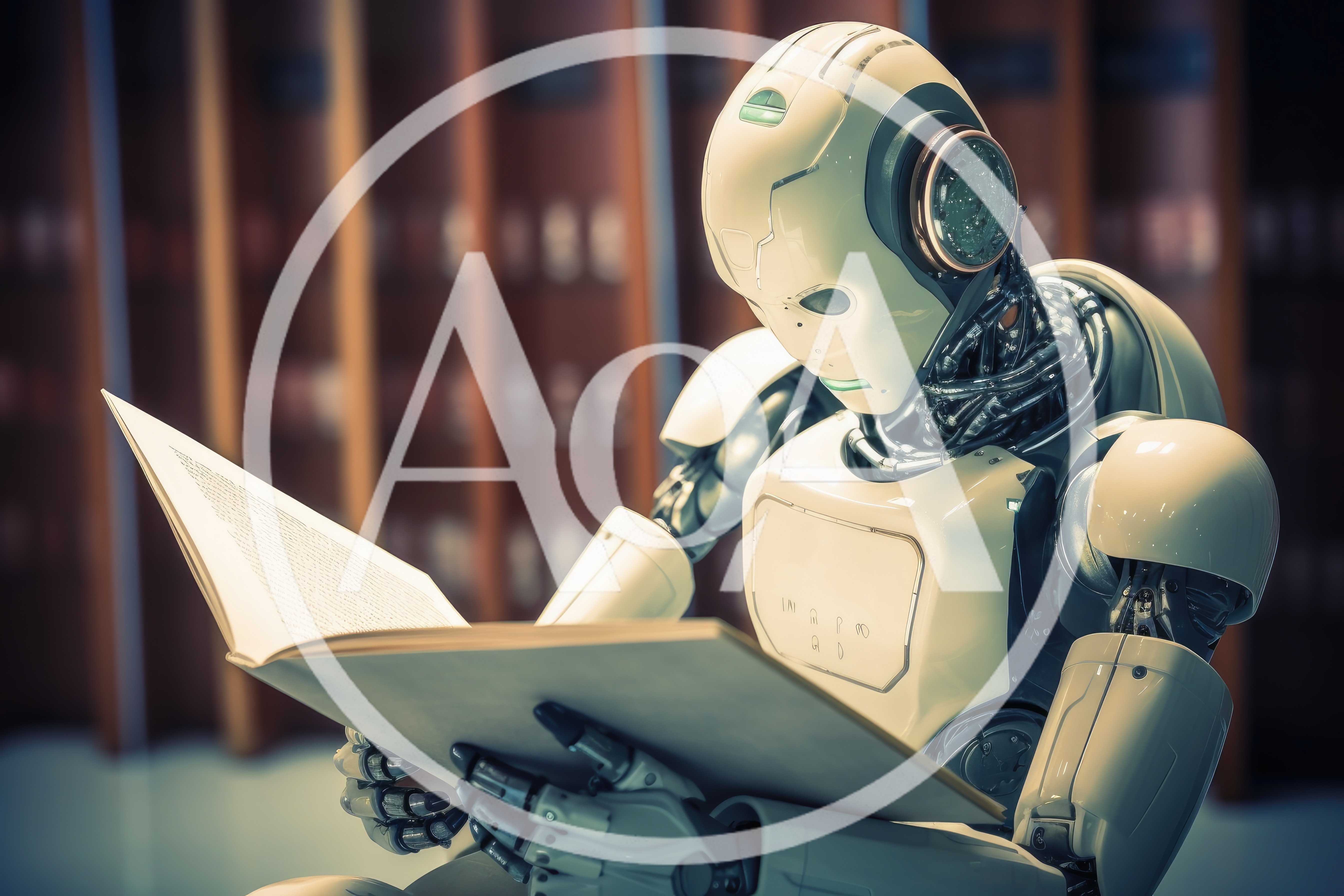 Humanoid Robot Reading A Book In A Library