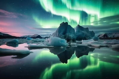 Icebergs Floating In Glacial Lagoon Under Northern Lights