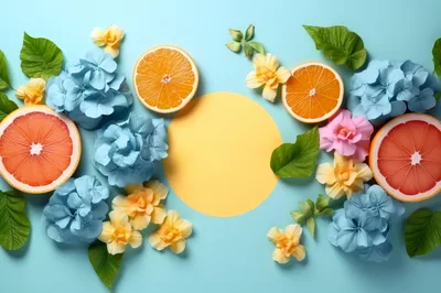 Citrus Fruits and Floral Arrangement on Blue Background