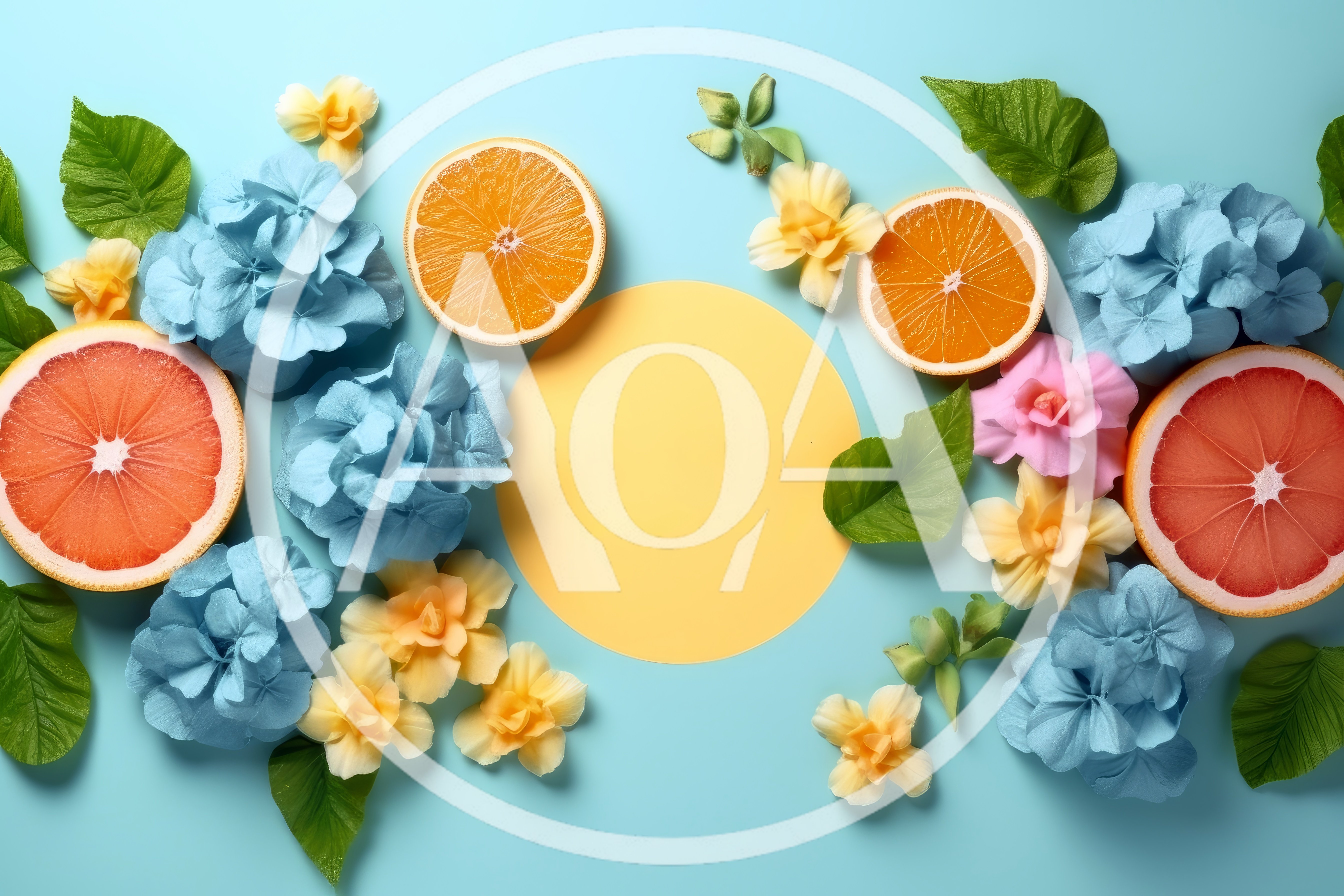 Citrus Fruits and Floral Arrangement on Blue Background