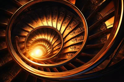 Golden Spiral Staircase With Intricate Carvings