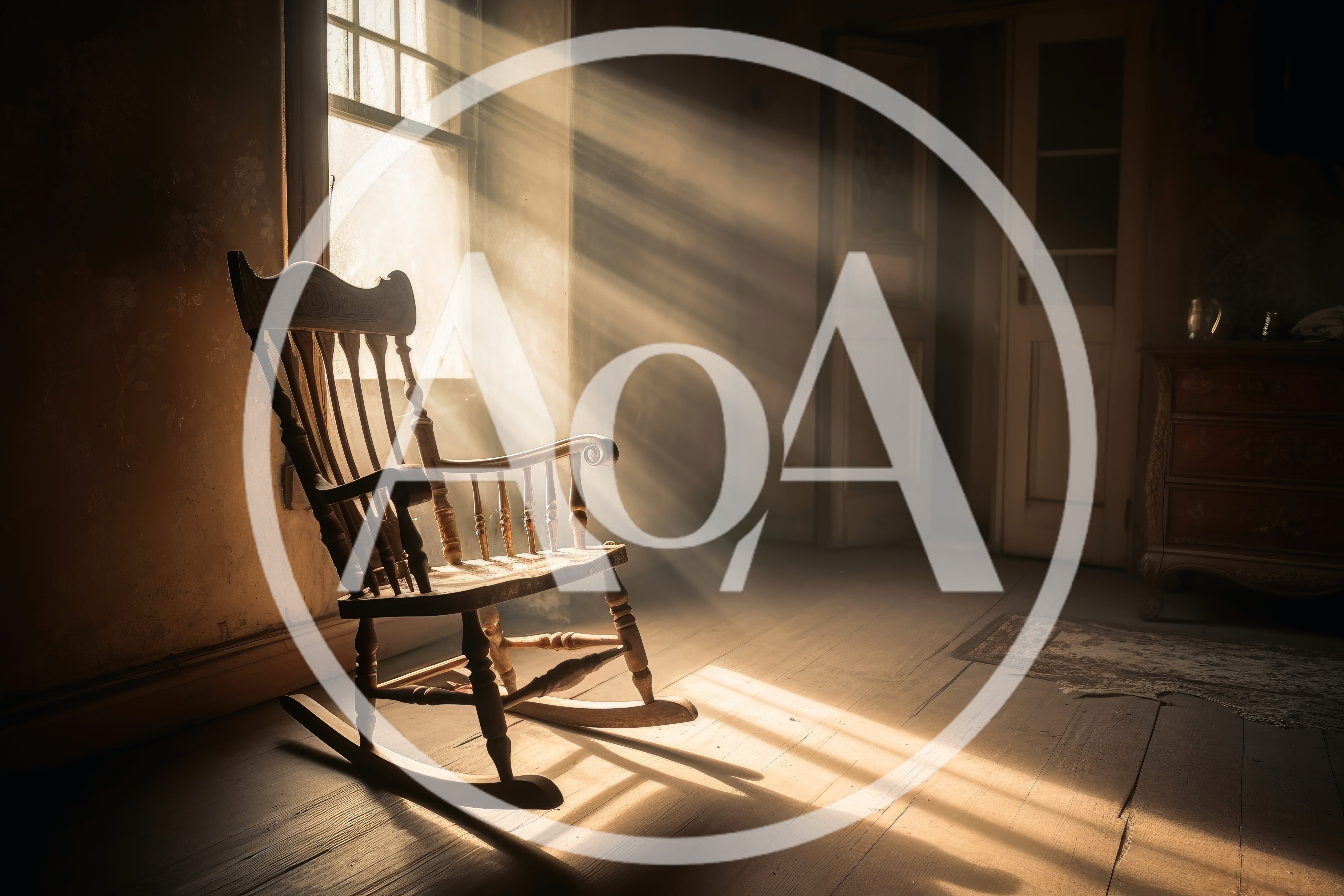 Empty Wooden Rocking Chair In Sunlit Abandoned Room