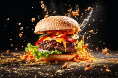 Gourmet Cheeseburger With Exploding Ingredients And Seasoning