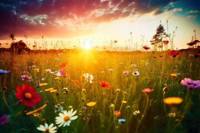 Vibrant Wildflower Meadow At Golden Hour Sunset