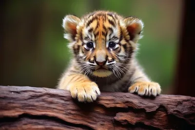 Adorable Tiger Cub Resting On A Wooden Log