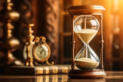 Vintage Hourglass With Sand On A Wooden Desk
