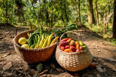 Two Woven Baskets Filled With Fresh Harvested Vegetables
