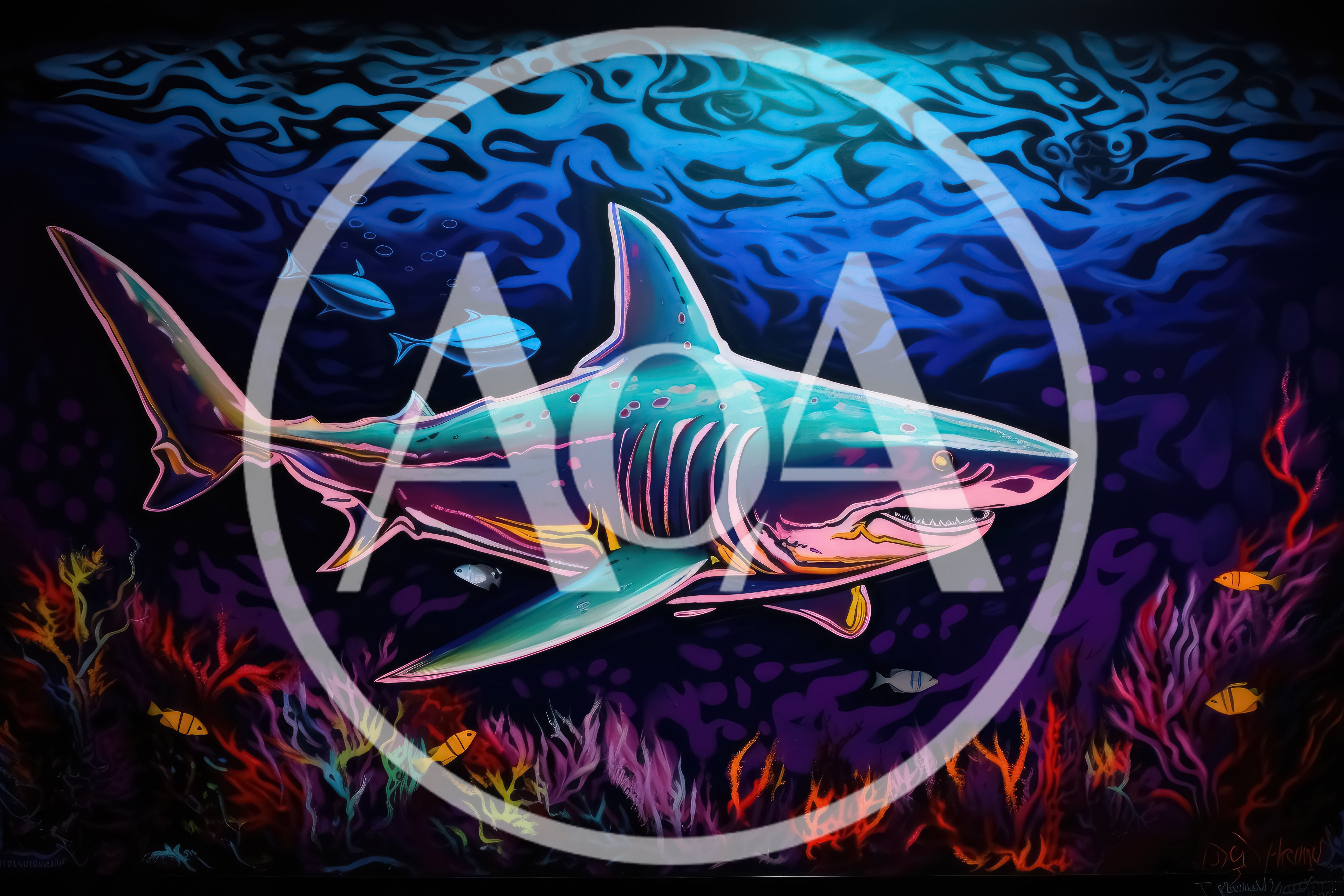 Neon Stylized Great White Shark Swimming Underwater