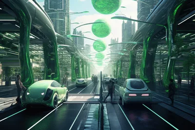 Futuristic Green City Street With Autonomous Vehicles