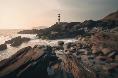 Lighthouse Standing on Rugged Rocky Coastline at Sunset
