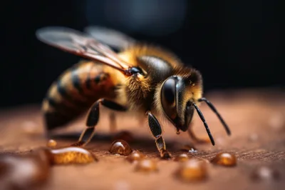 Macro Close Up Of A Honey Bee On Wood