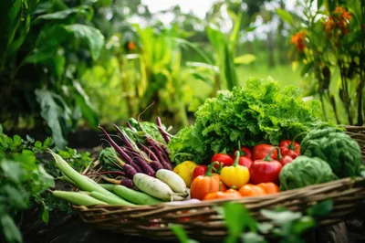 Freshly Harvested Organic Vegetables In A Wicker Basket