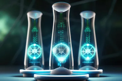 Futuristic Laboratory Glass Vials With Glowing Holographic Cores