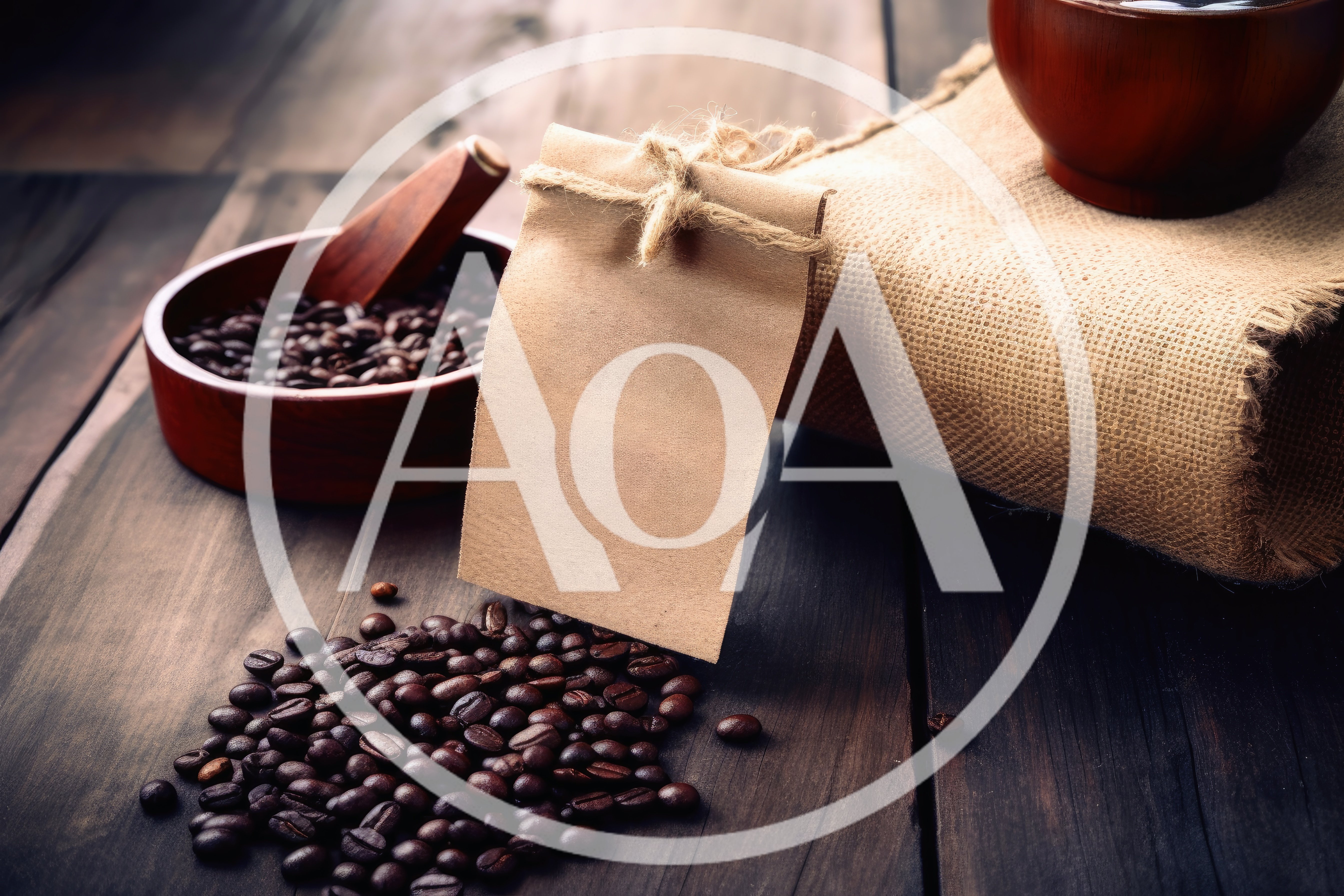 Coffee Beans and Blank Paper Tag on Wooden Table