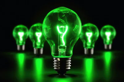 Glowing Green Light Bulbs On Dark Background