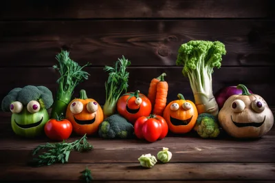 Funny Vegetable Characters With Googly Eyes On Wooden Table