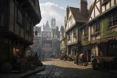 Historical Medieval Street Scene With Cobblestone Road
